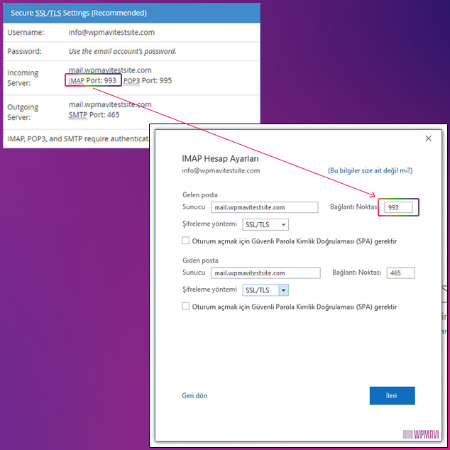 outlook ayarları bağlantı noktası için mail client manuel settings incoming server imap port değerini girme